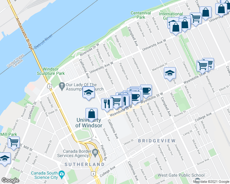 map of restaurants, bars, coffee shops, grocery stores, and more near 431 Randolph Avenue in Windsor