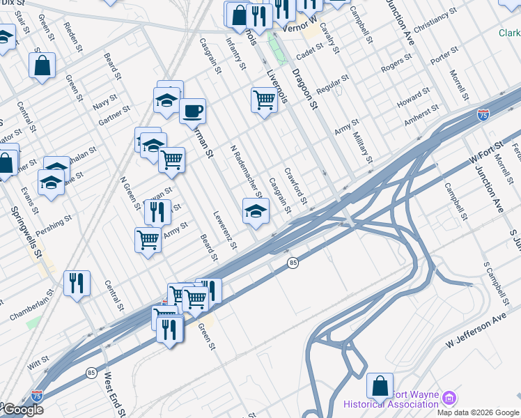 map of restaurants, bars, coffee shops, grocery stores, and more near 1035 North Rademacher Street in Detroit