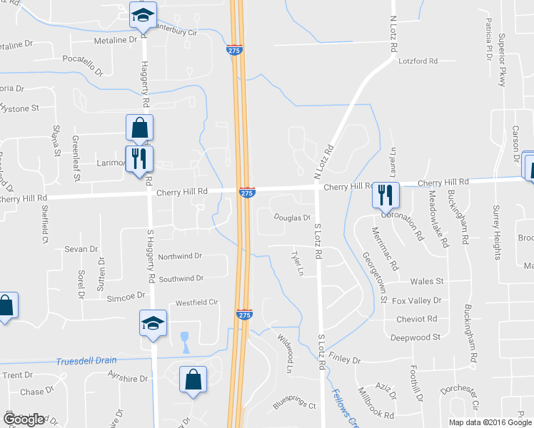 map of restaurants, bars, coffee shops, grocery stores, and more near 40645 Douglas Drive in Canton
