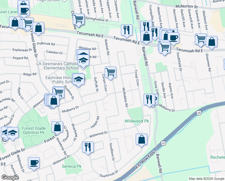 map of restaurants, bars, coffee shops, grocery stores, and more near 3121 Robinet Road in Windsor