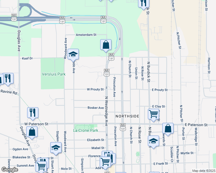 map of restaurants, bars, coffee shops, grocery stores, and more near 1624 North Westnedge Avenue in Kalamazoo