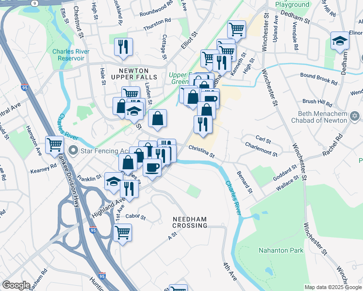map of restaurants, bars, coffee shops, grocery stores, and more near 195 Oak Street in Newton