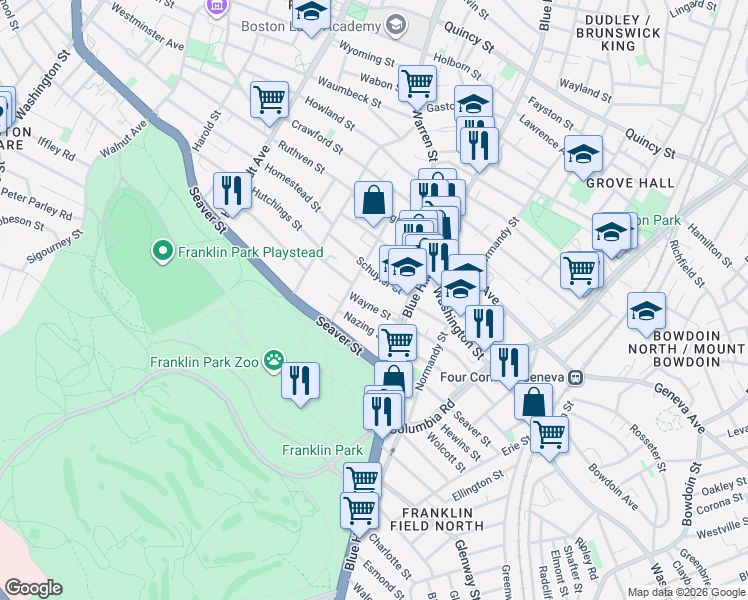map of restaurants, bars, coffee shops, grocery stores, and more near 7 Wayne Street in Boston