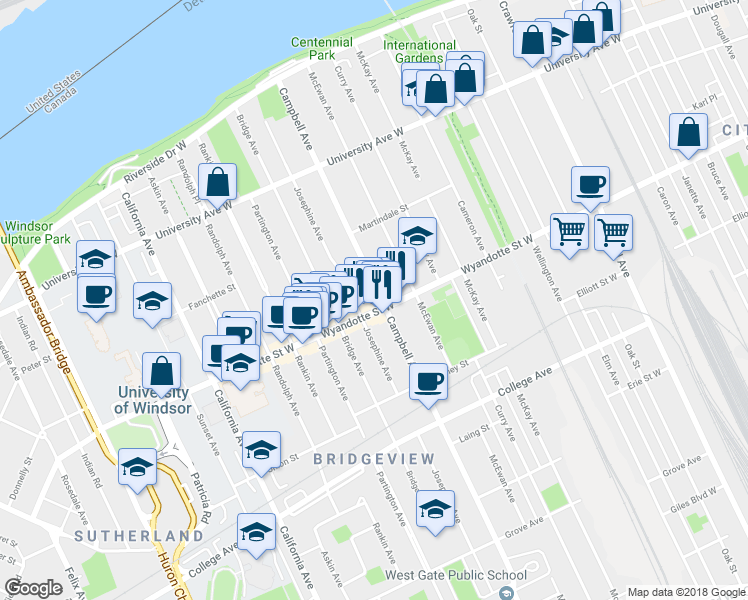 map of restaurants, bars, coffee shops, grocery stores, and more near 573 Campbell Avenue in Windsor