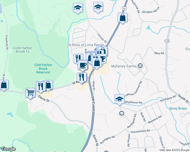 map of restaurants, bars, coffee shops, grocery stores, and more near 11 King Street in Northborough