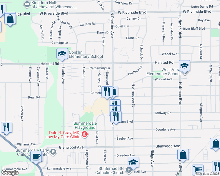 map of restaurants, bars, coffee shops, grocery stores, and more near 3209 Darwood Drive in Rockford