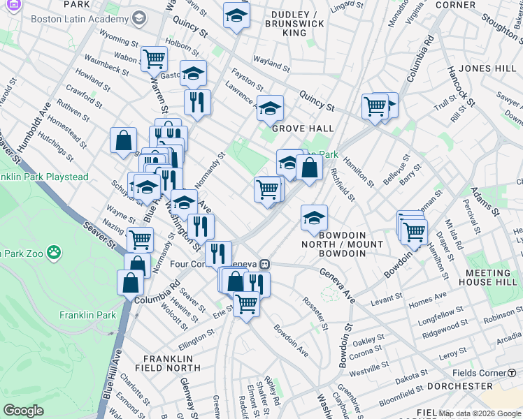 map of restaurants, bars, coffee shops, grocery stores, and more near 154 Stanwood Street in Boston