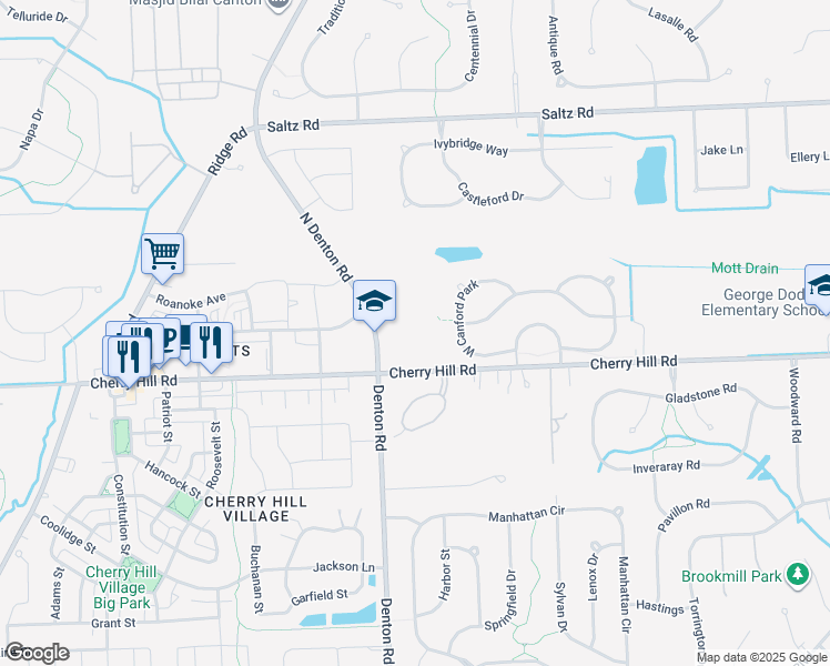 map of restaurants, bars, coffee shops, grocery stores, and more near 250 Denton Road in Canton