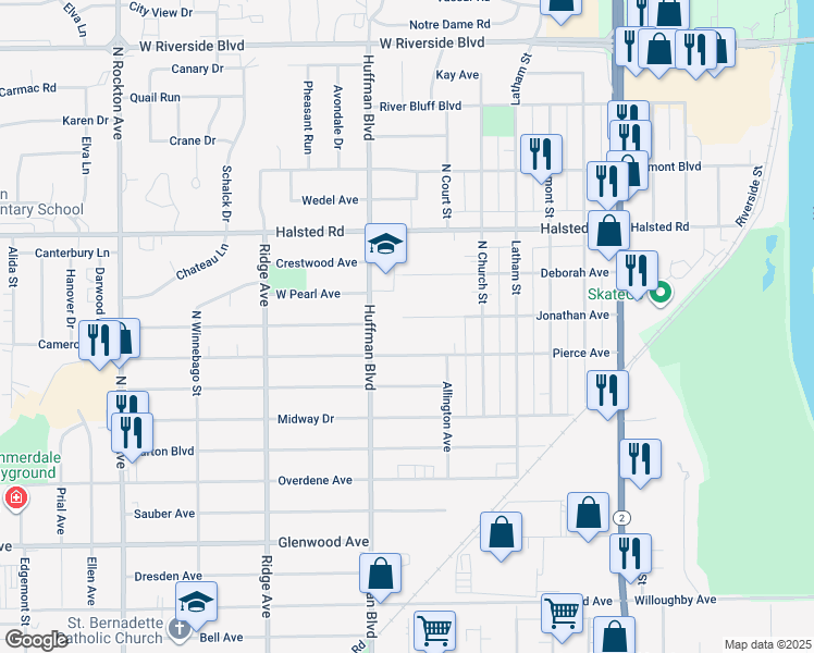 map of restaurants, bars, coffee shops, grocery stores, and more near 1634 Jonathan Avenue in Rockford