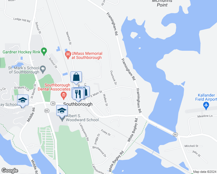 map of restaurants, bars, coffee shops, grocery stores, and more near 26 East Main Street in Southborough