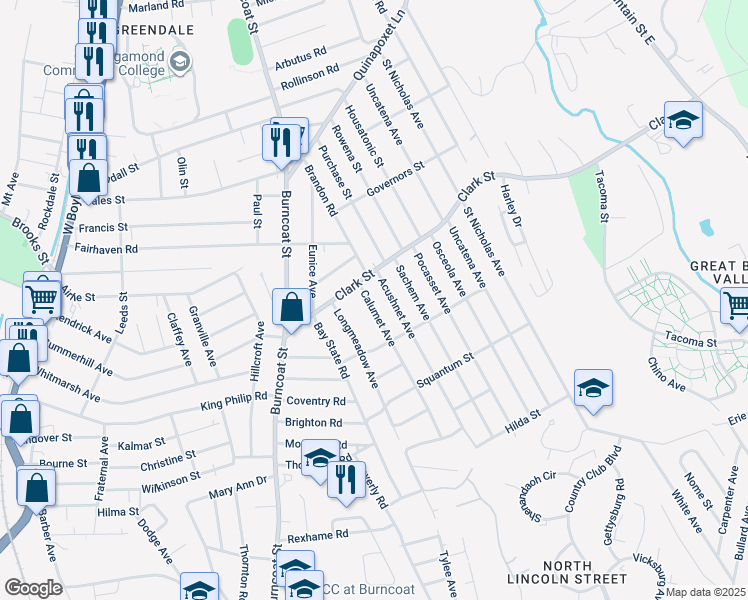 map of restaurants, bars, coffee shops, grocery stores, and more near 9 Calumet Avenue in Worcester