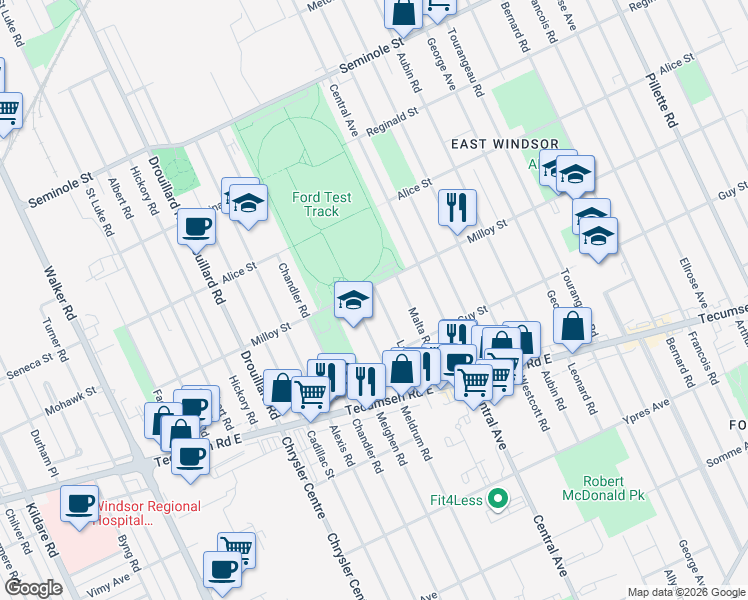 map of restaurants, bars, coffee shops, grocery stores, and more near 1815 Larkin Road in Windsor