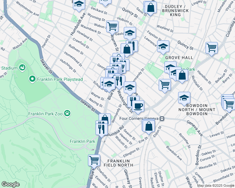 map of restaurants, bars, coffee shops, grocery stores, and more near 19 Washington Street in Boston