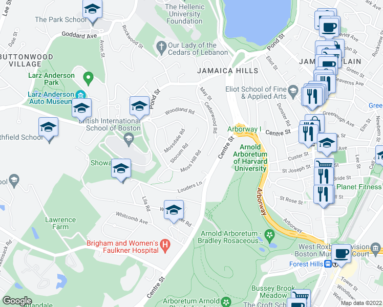 map of restaurants, bars, coffee shops, grocery stores, and more near 115 Moss Hill Rd in Boston