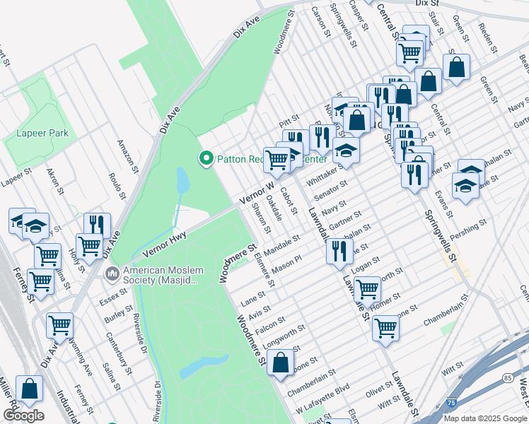 map of restaurants, bars, coffee shops, grocery stores, and more near 2018 Sharon St in Detroit