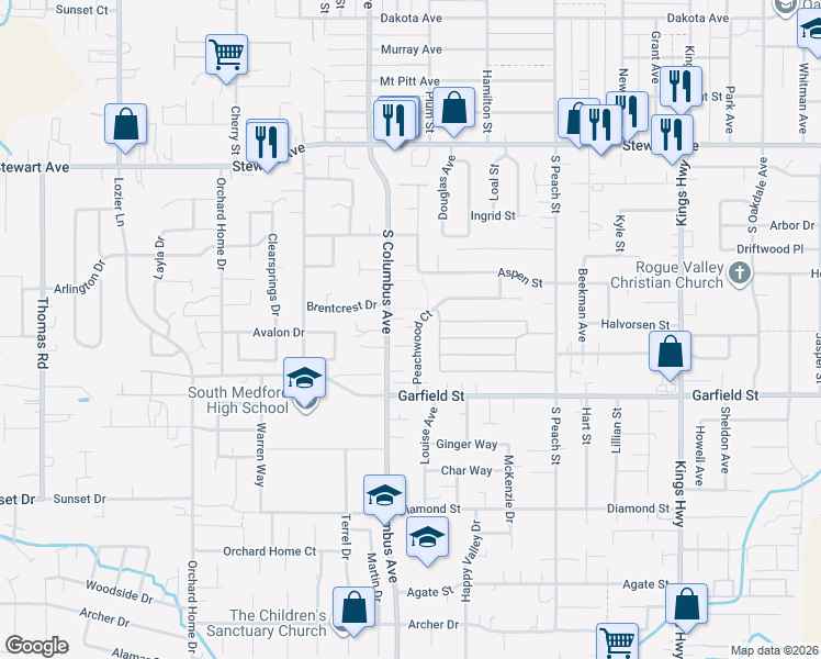 map of restaurants, bars, coffee shops, grocery stores, and more near 1124 Peachwood Court in Medford