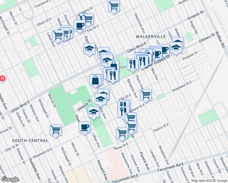 map of restaurants, bars, coffee shops, grocery stores, and more near 1342 Parent Avenue in Windsor