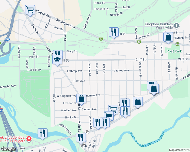 map of restaurants, bars, coffee shops, grocery stores, and more near 60 Illinois Street in Battle Creek