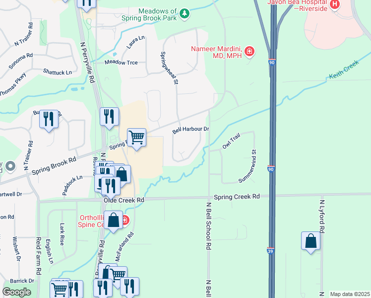 map of restaurants, bars, coffee shops, grocery stores, and more near 3122 Brook Harbour Drive in Rockford