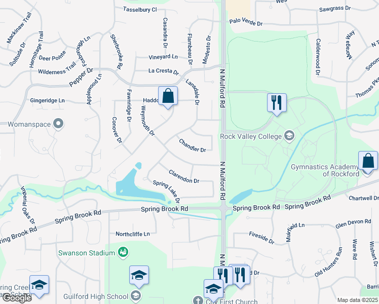 map of restaurants, bars, coffee shops, grocery stores, and more near 5863 Chandler Drive in Rockford