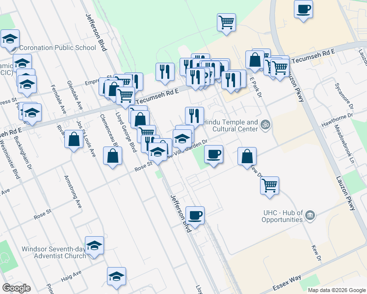 map of restaurants, bars, coffee shops, grocery stores, and more near 6265 Rose-Ville Garden Drive in Windsor