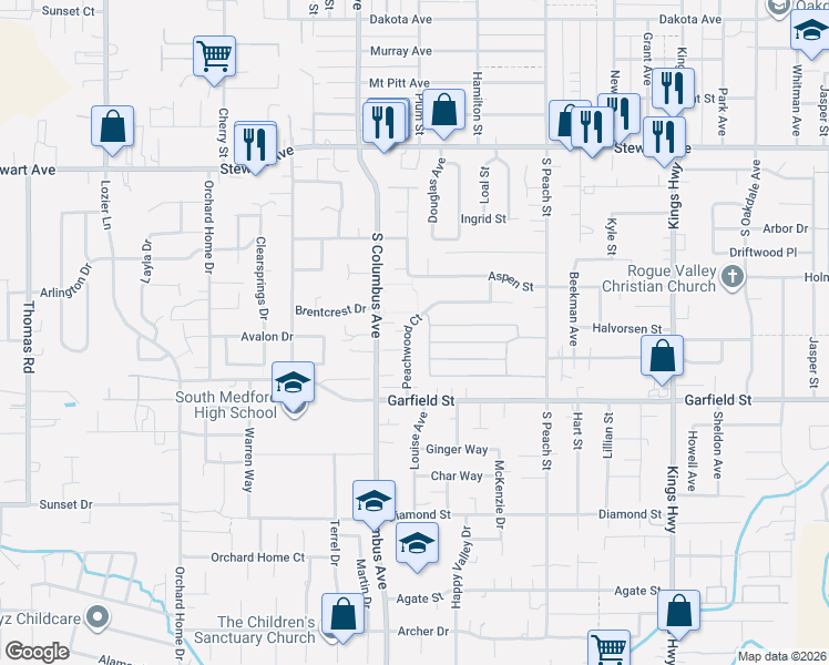map of restaurants, bars, coffee shops, grocery stores, and more near 1119 Peachwood Court in Medford