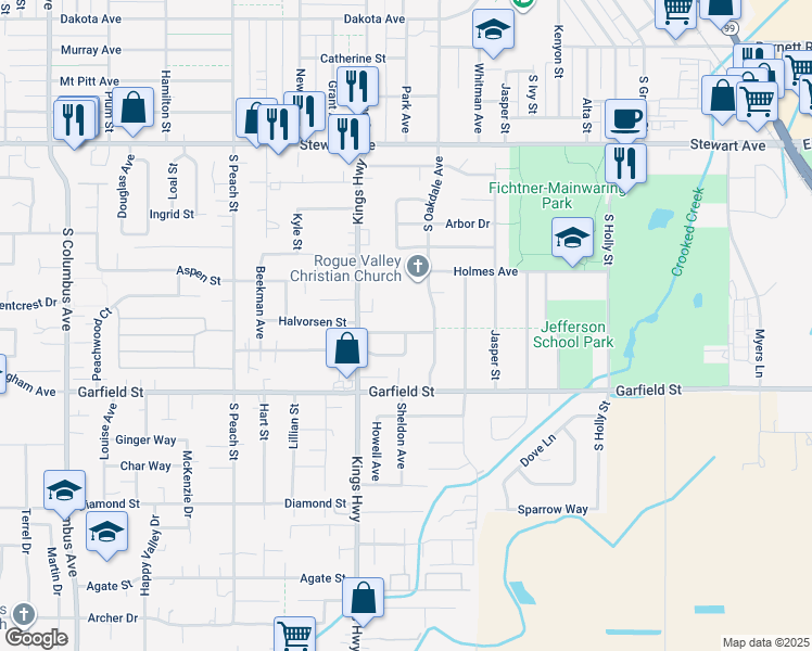 map of restaurants, bars, coffee shops, grocery stores, and more near 632 Shadow Wood Drive in Medford