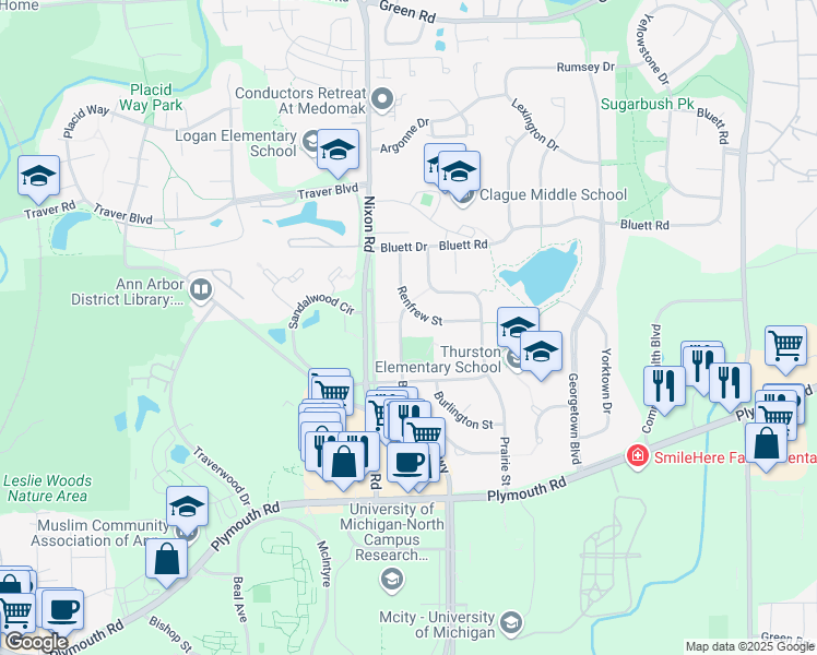 map of restaurants, bars, coffee shops, grocery stores, and more near 2765 Briarcliff Street in Ann Arbor