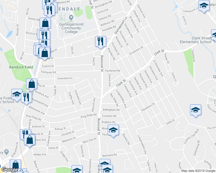 map of restaurants, bars, coffee shops, grocery stores, and more near 9 Eunice Avenue in Worcester