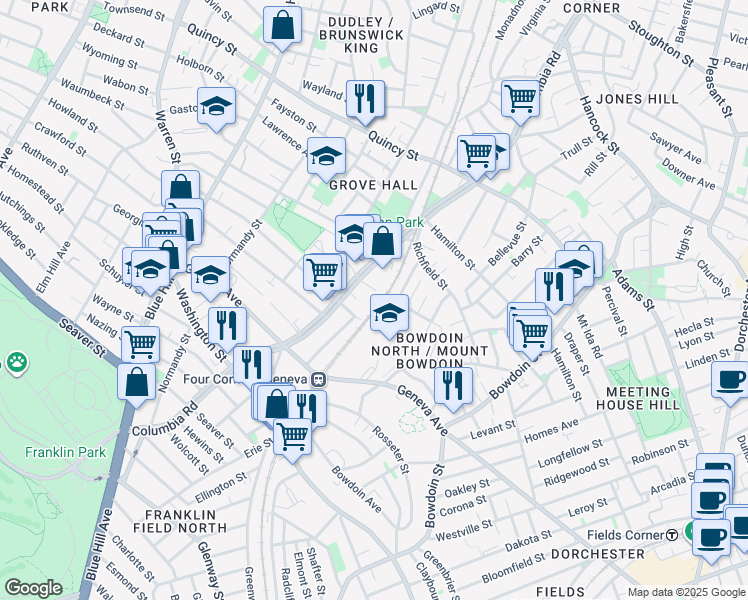 map of restaurants, bars, coffee shops, grocery stores, and more near 73 Vaughan Ave in Boston