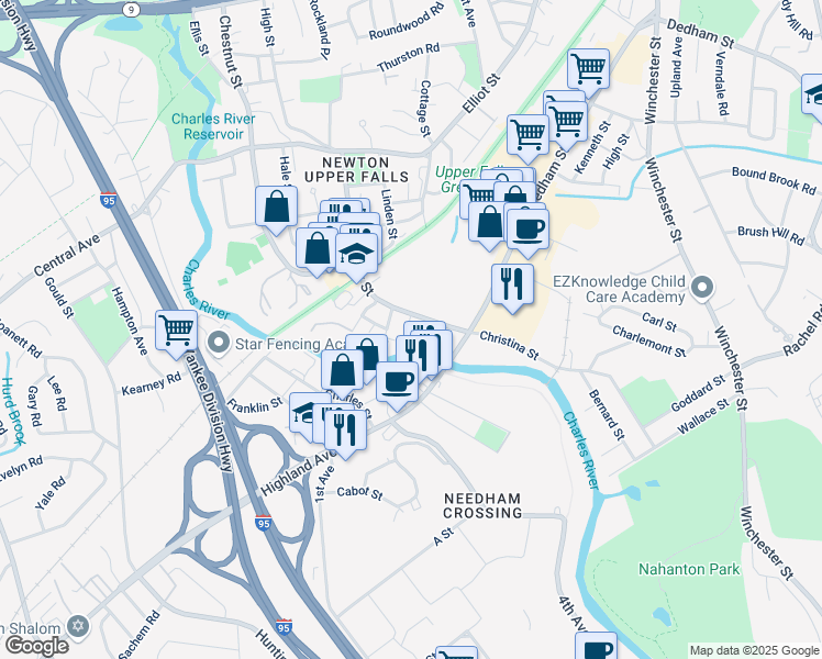 map of restaurants, bars, coffee shops, grocery stores, and more near 14 Abbott Street in Newton