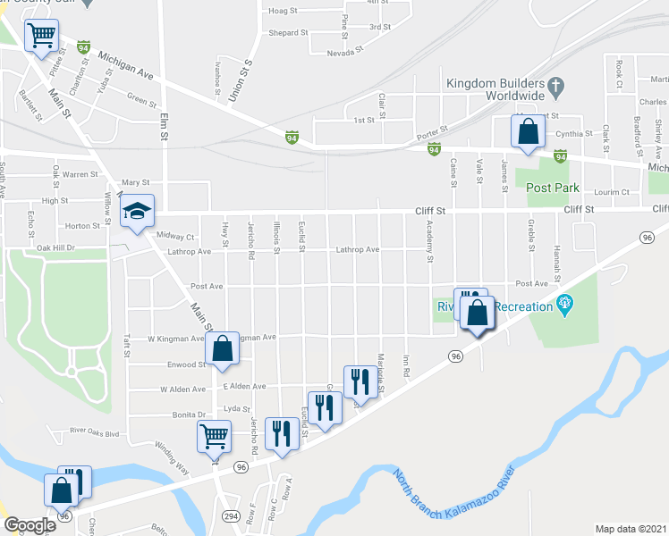 map of restaurants, bars, coffee shops, grocery stores, and more near 125 Grenville Street in Battle Creek