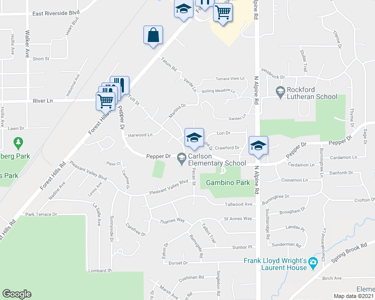 map of restaurants, bars, coffee shops, grocery stores, and more near 4018 Toft Street in Rockford