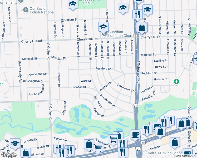 map of restaurants, bars, coffee shops, grocery stores, and more near 632 Claremont St in Dearborn