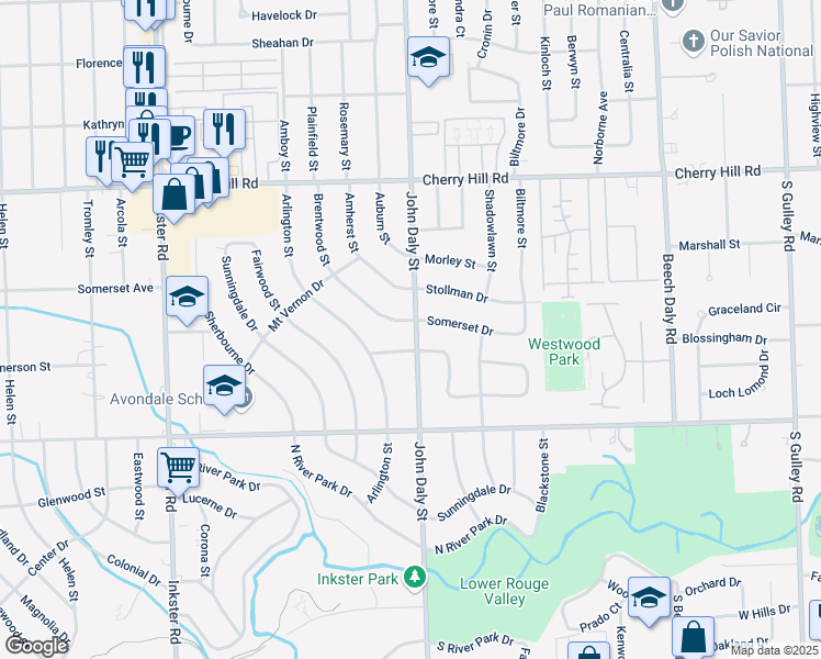 map of restaurants, bars, coffee shops, grocery stores, and more near 494 Brentwood Street in Inkster
