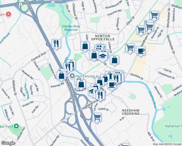 map of restaurants, bars, coffee shops, grocery stores, and more near 69 Saco Street in Newton