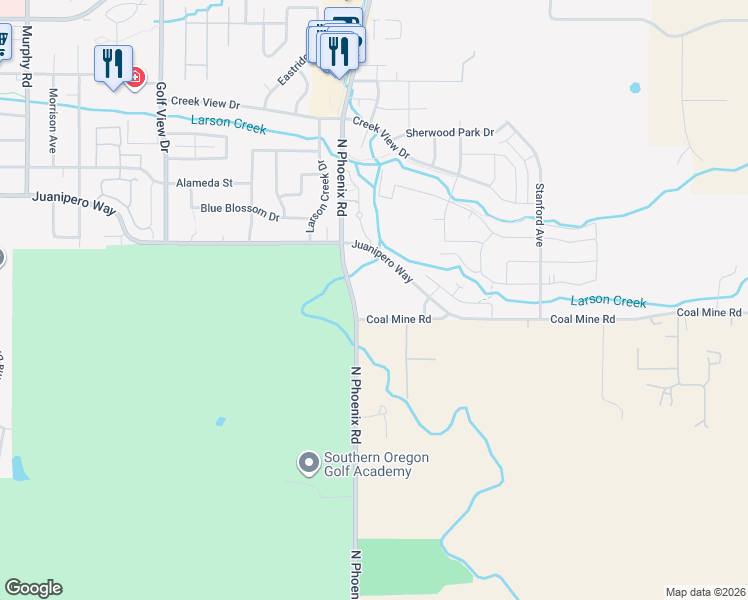 map of restaurants, bars, coffee shops, grocery stores, and more near 3701 Coal Mine Rd in Medford