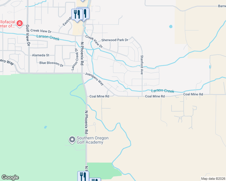 map of restaurants, bars, coffee shops, grocery stores, and more near 3703 Coal Mine Road in Medford