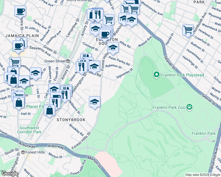 map of restaurants, bars, coffee shops, grocery stores, and more near 16 Glenside Avenue in Boston