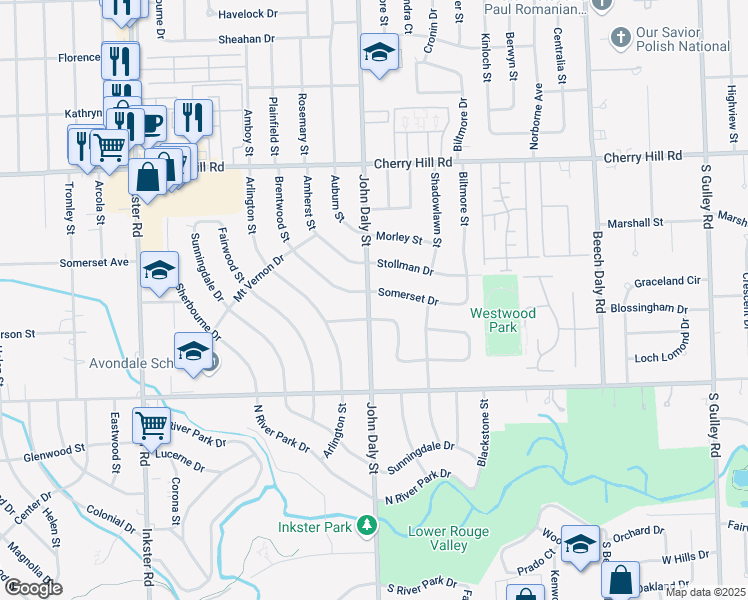 map of restaurants, bars, coffee shops, grocery stores, and more near 494 Brentwood Street in Inkster