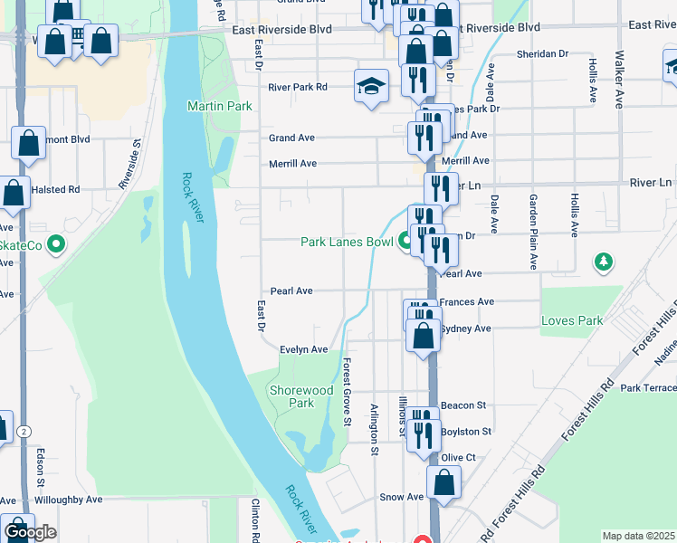 map of restaurants, bars, coffee shops, grocery stores, and more near 5318 Bennett Street in Loves Park
