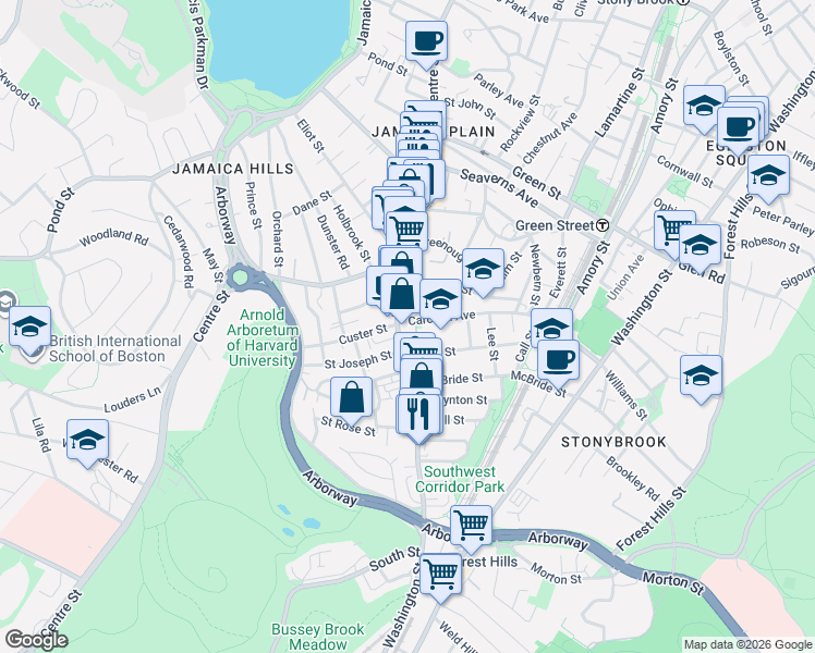 map of restaurants, bars, coffee shops, grocery stores, and more near 9-11 Carolina Avenue in Boston