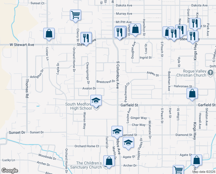 map of restaurants, bars, coffee shops, grocery stores, and more near 1370 Swayze Lane in Medford