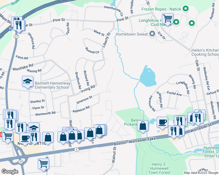 map of restaurants, bars, coffee shops, grocery stores, and more near 3 Huntington Street in Natick