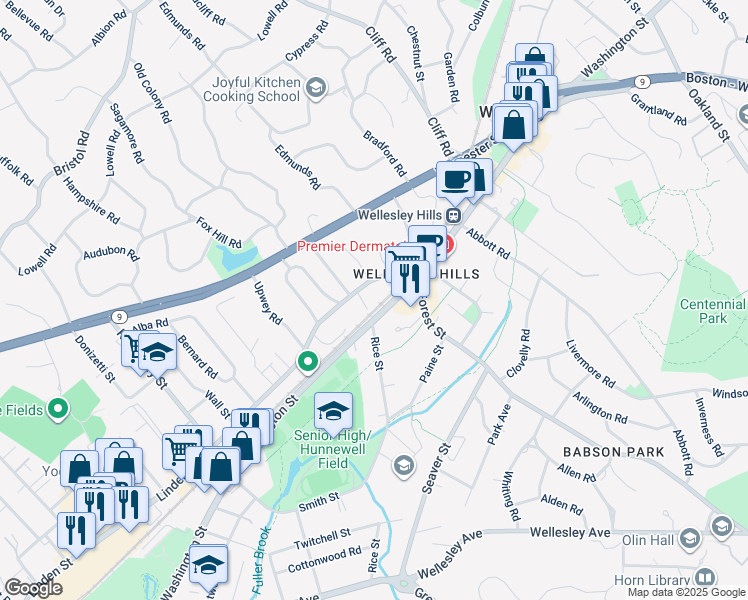 map of restaurants, bars, coffee shops, grocery stores, and more near 6 Sylvester Terrace in Wellesley
