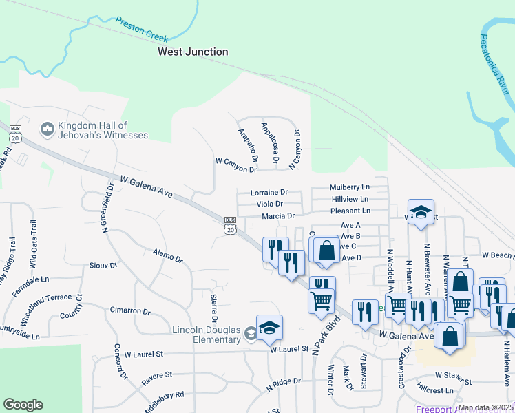 map of restaurants, bars, coffee shops, grocery stores, and more near 218 Viola Drive in Freeport