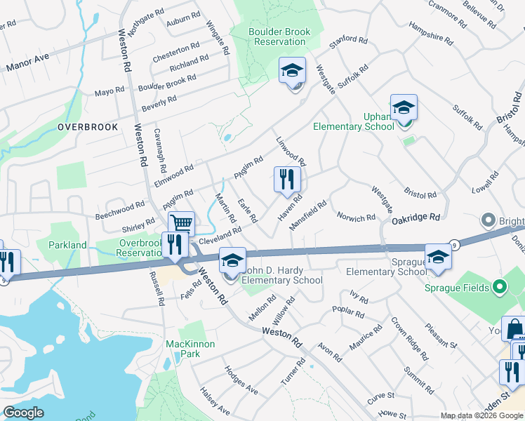 map of restaurants, bars, coffee shops, grocery stores, and more near 56 Cleveland Road in Wellesley