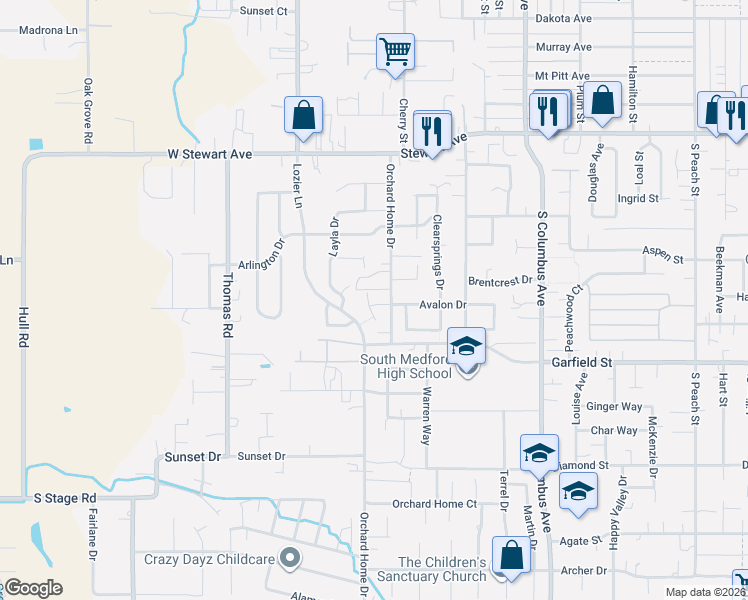 map of restaurants, bars, coffee shops, grocery stores, and more near 1411 Applegate Lane in Medford