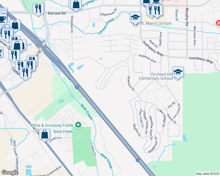 map of restaurants, bars, coffee shops, grocery stores, and more near 1200 Mira Mar Avenue in Medford