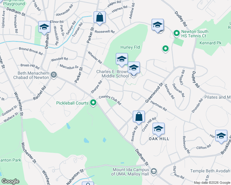 map of restaurants, bars, coffee shops, grocery stores, and more near 225 Arnold Road in Newton